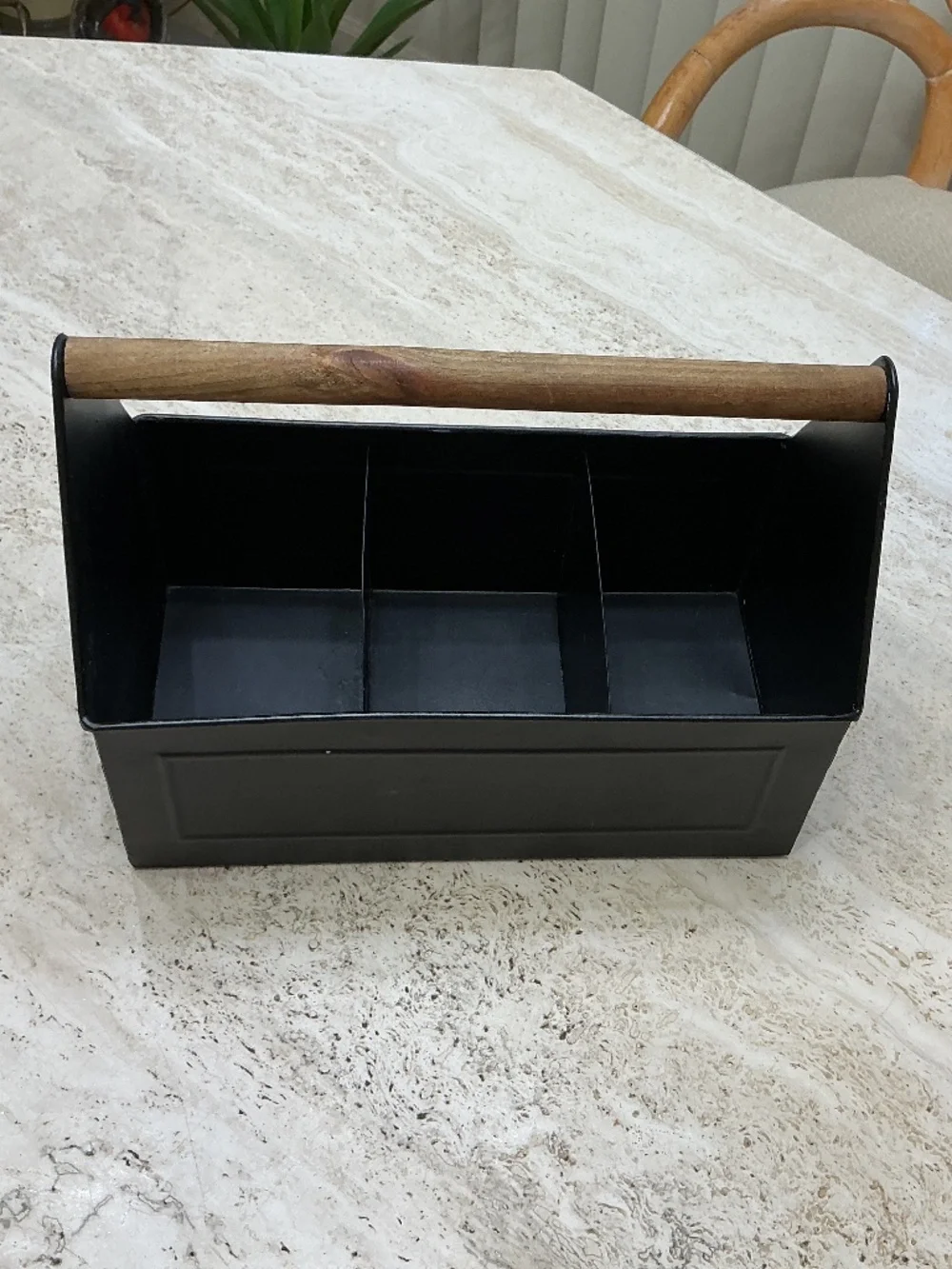 Black Metal Utility Storage Caddy With Wooden Cylinder Handle